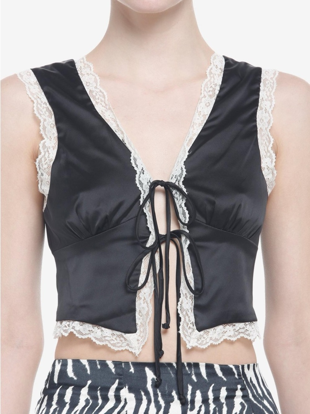 Animari Black Satin White Lace Trim Tie Front Cropped Vest Festival Top
